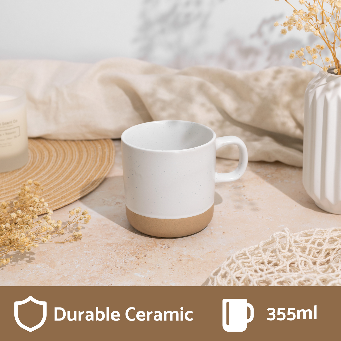 Ceramic Coffee Mug White Speckled Stoneware 355ml - Mogarden